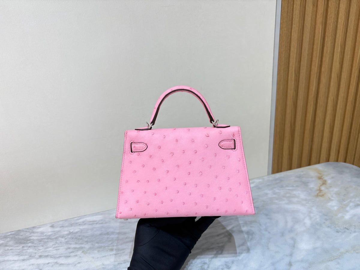 High-end Hermes 2026 Mini Kelly II 19cm Bag Pink Ostrich Leather