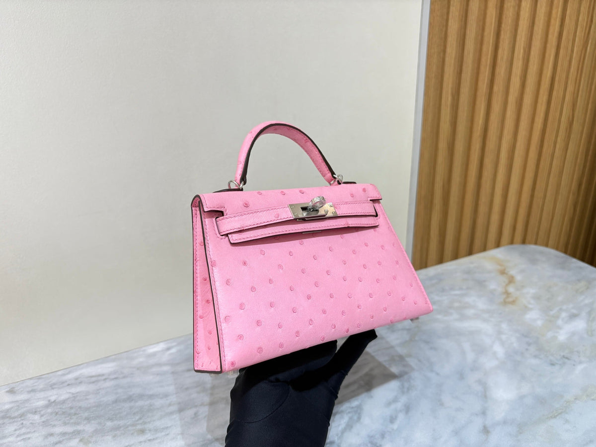 High-end Hermes 2026 Mini Kelly II 19cm Bag Pink Ostrich Leather