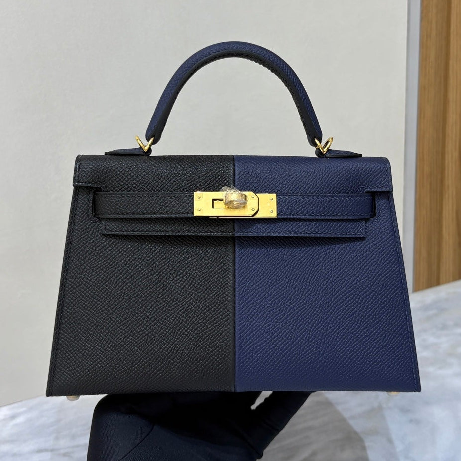 High-end Hermes 2026 Mini Kelly II 19cm Bag Black mix Indigo Blue Epsom Leather
