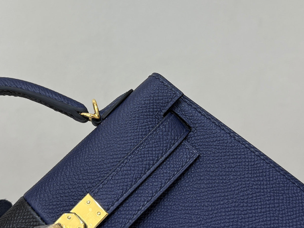 High-end Hermes 2026 Mini Kelly II 19cm Bag Black mix Indigo Blue Epsom Leather
