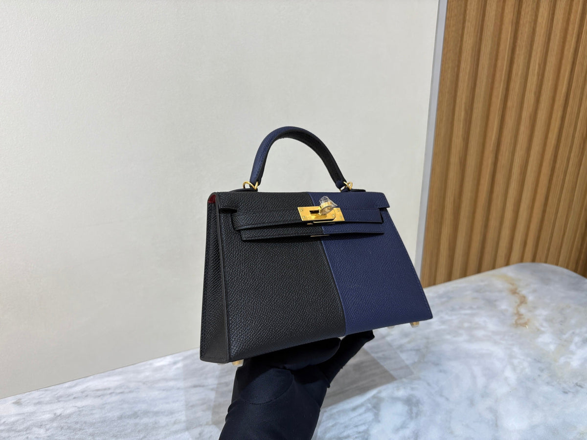 High-end Hermes 2026 Mini Kelly II 19cm Bag Black mix Indigo Blue Epsom Leather