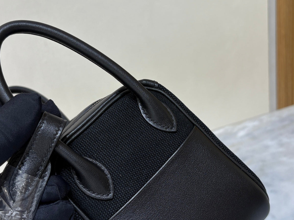 High-end Hermes 2026 Lindy Bag 19cm Black Swift Leather/Canvas