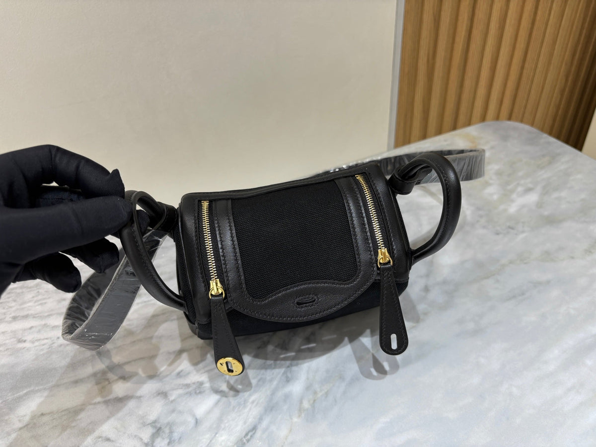 High-end Hermes 2026 Lindy Bag 19cm Black Swift Leather/Canvas