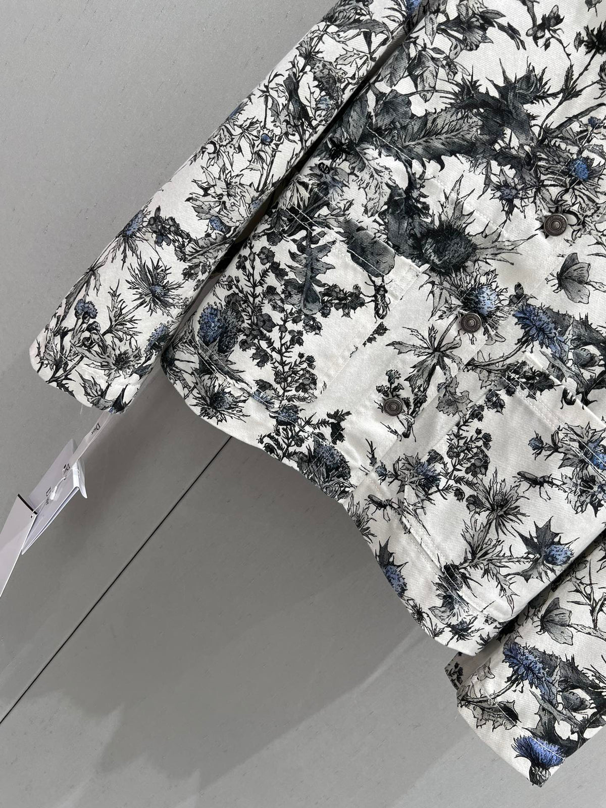 CD 25 Plant Flower Print Denim Jacket White Gray Cotton 205152