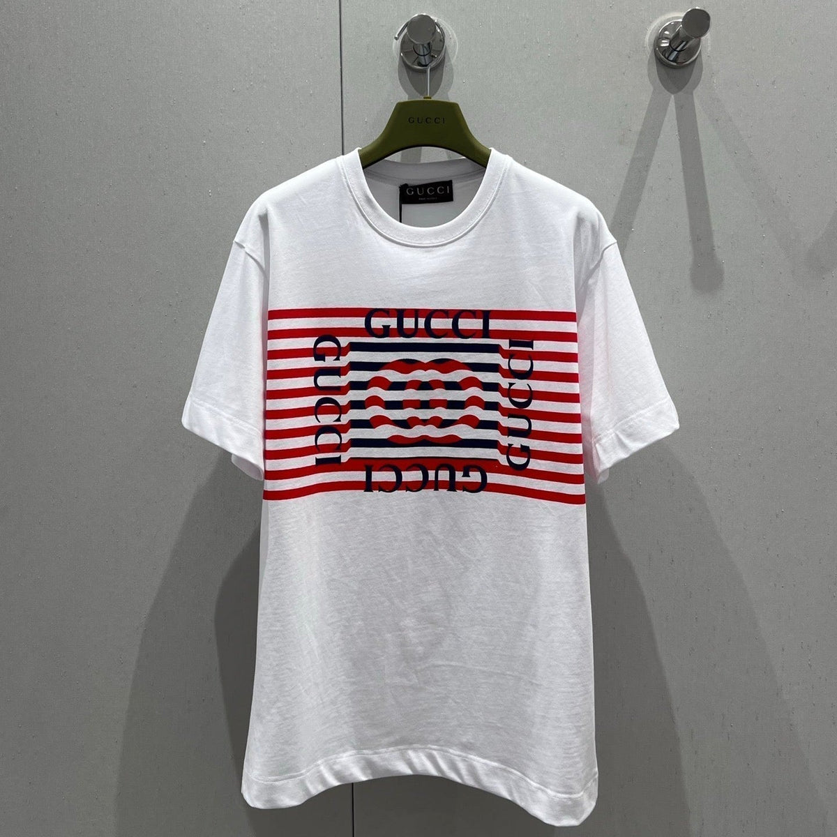 Gucci 25 Striped Logo Print Short-sleeved T-shirt White Red Cotton