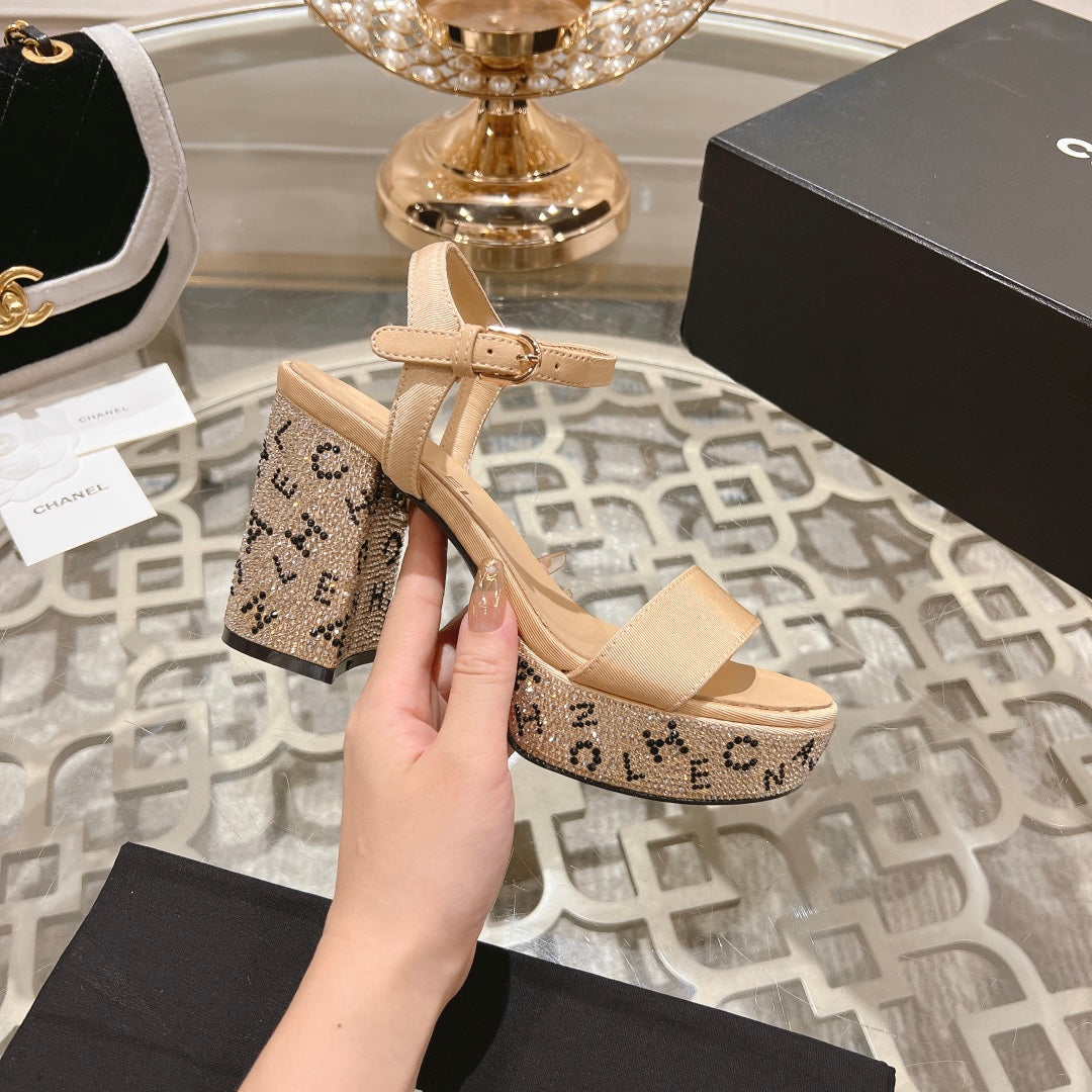 CC 25C 10CM Mid Heed Sandals Cream Fabric 213326