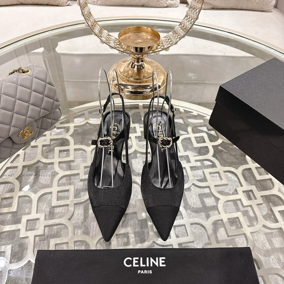CC 25 Slingback heel Black Silk and Sheepskin 268921