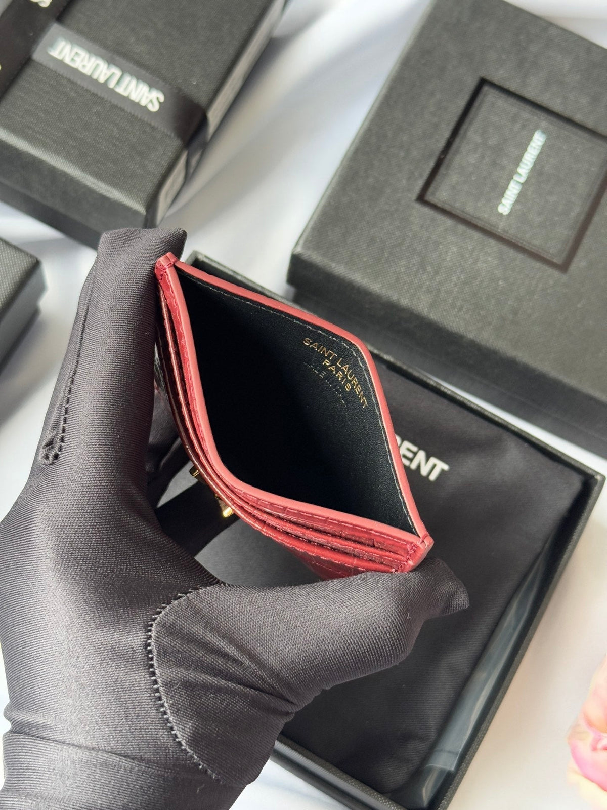 YSL Card Holder 10cm Wallet Burgundy Gold Leather 240559