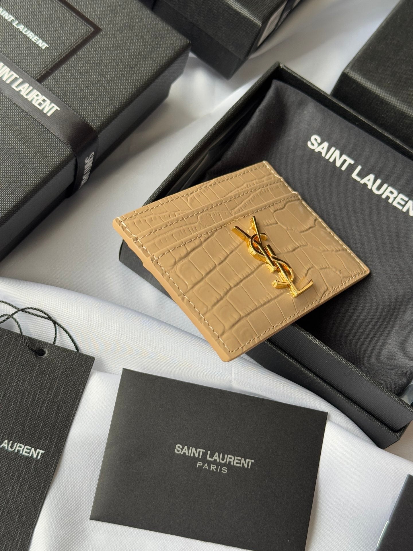 YSL Card Holder 10cm Wallet Beige Gold Leather 240555