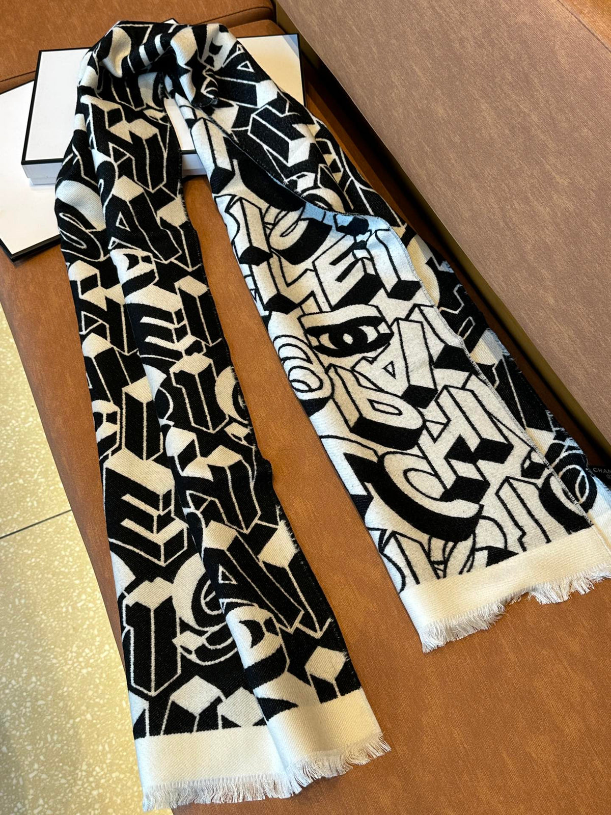 CC Scarf 178CM In Black White Mulberry Silk Mix Wool 424845