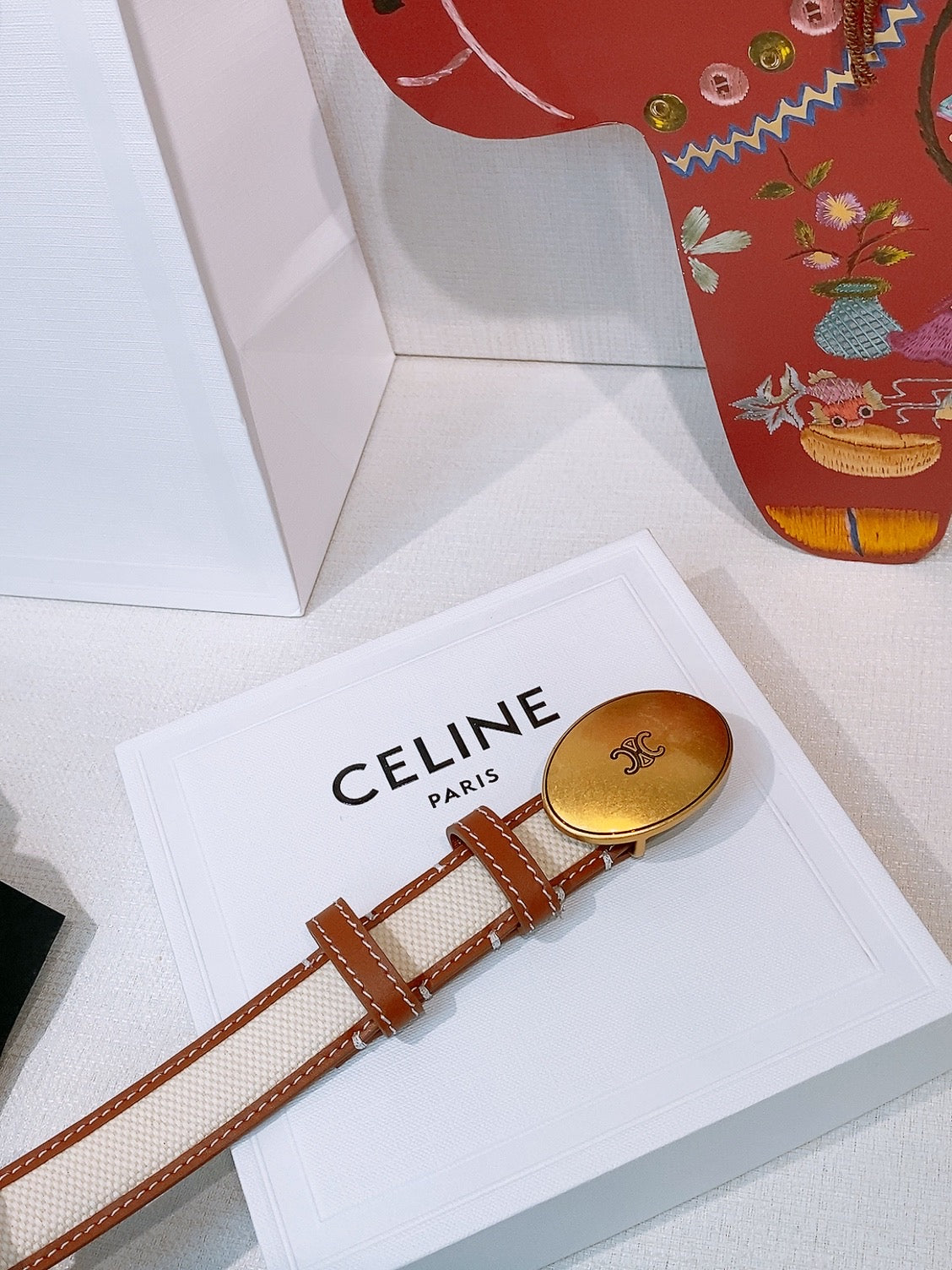 Celine 2026 Triomphe Oval Buckle Belt 25mm Fabric Leather 203763