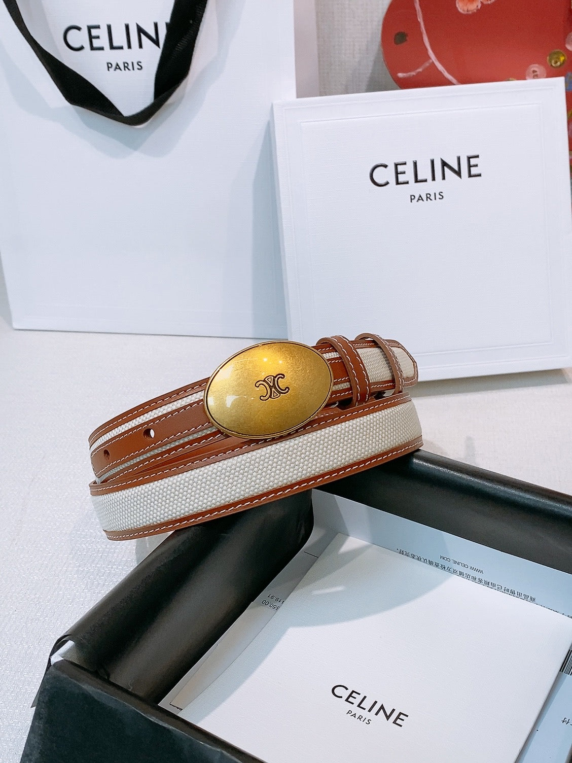 Celine 2026 Triomphe Oval Buckle Belt 25mm Fabric Leather 203763