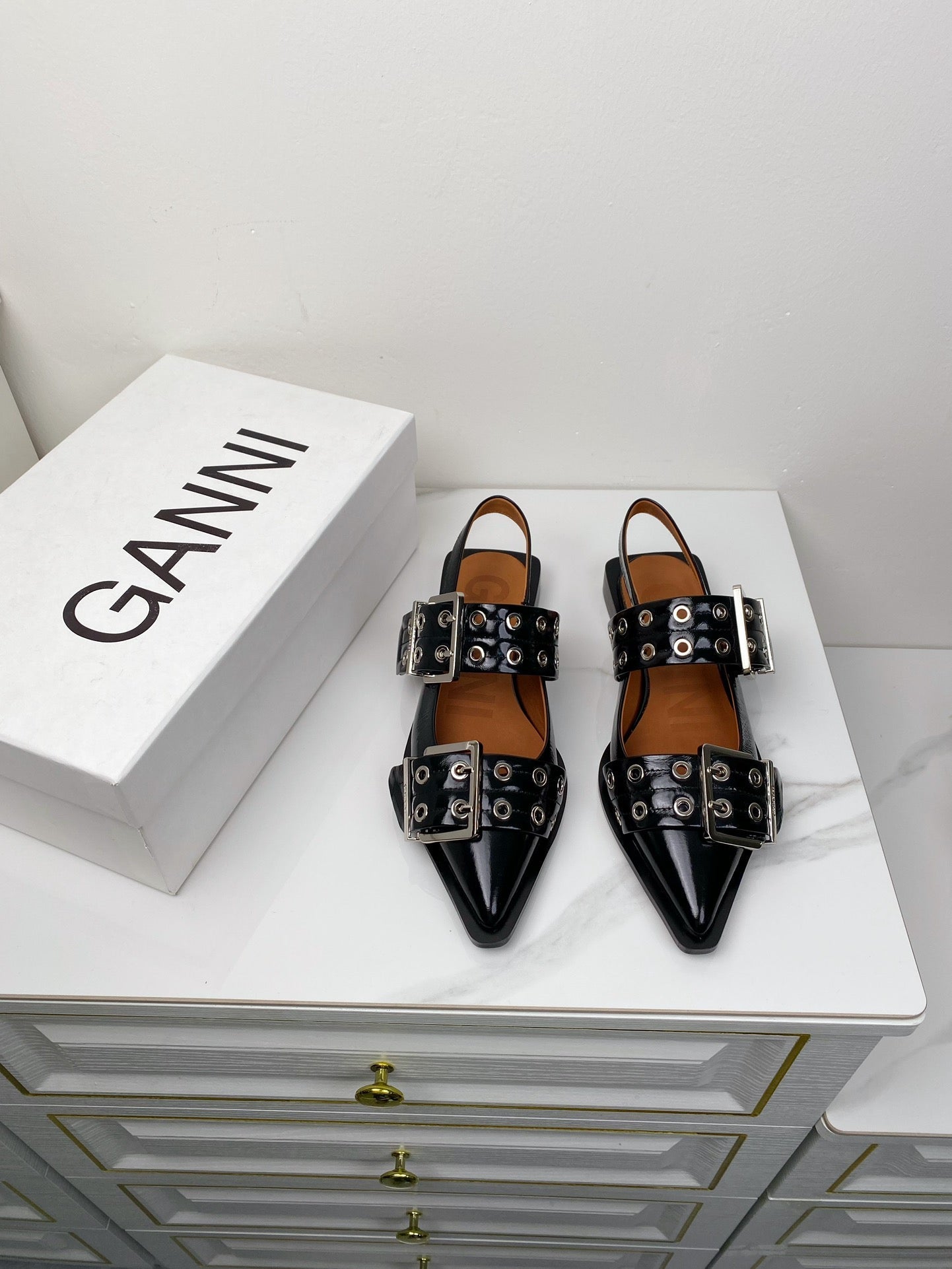 ganni black feminine buckle slingback flat