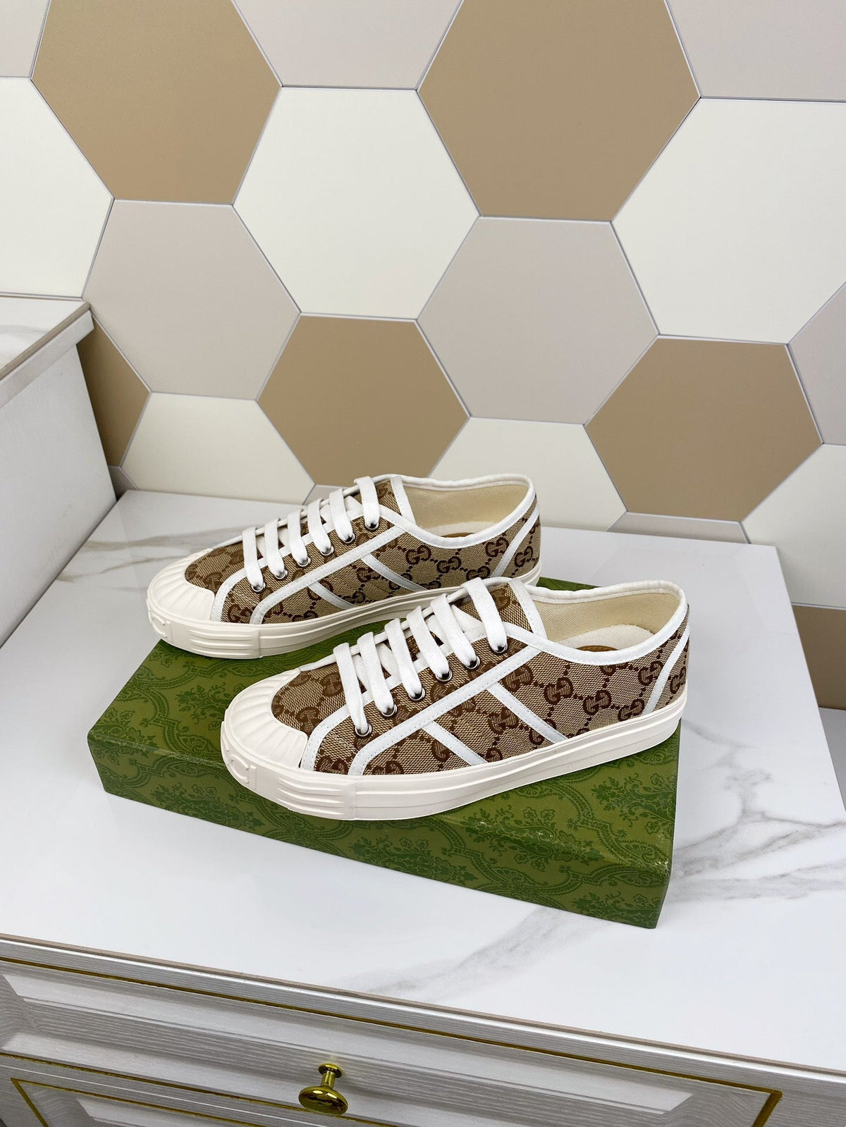 GG JULIO SNEAKER WITH WEB BROWN PATTERNED CANVAS