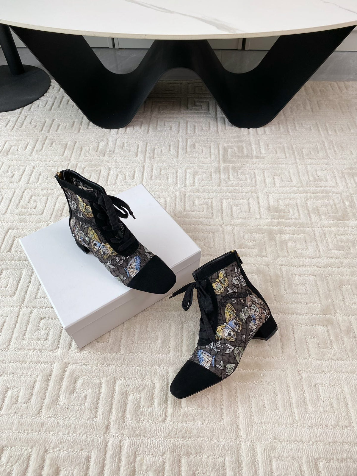 CD Naughtily-D Heeled Ankle Boot Black Mix Yellow Blue Transparent Mesh Butterfly And Suede