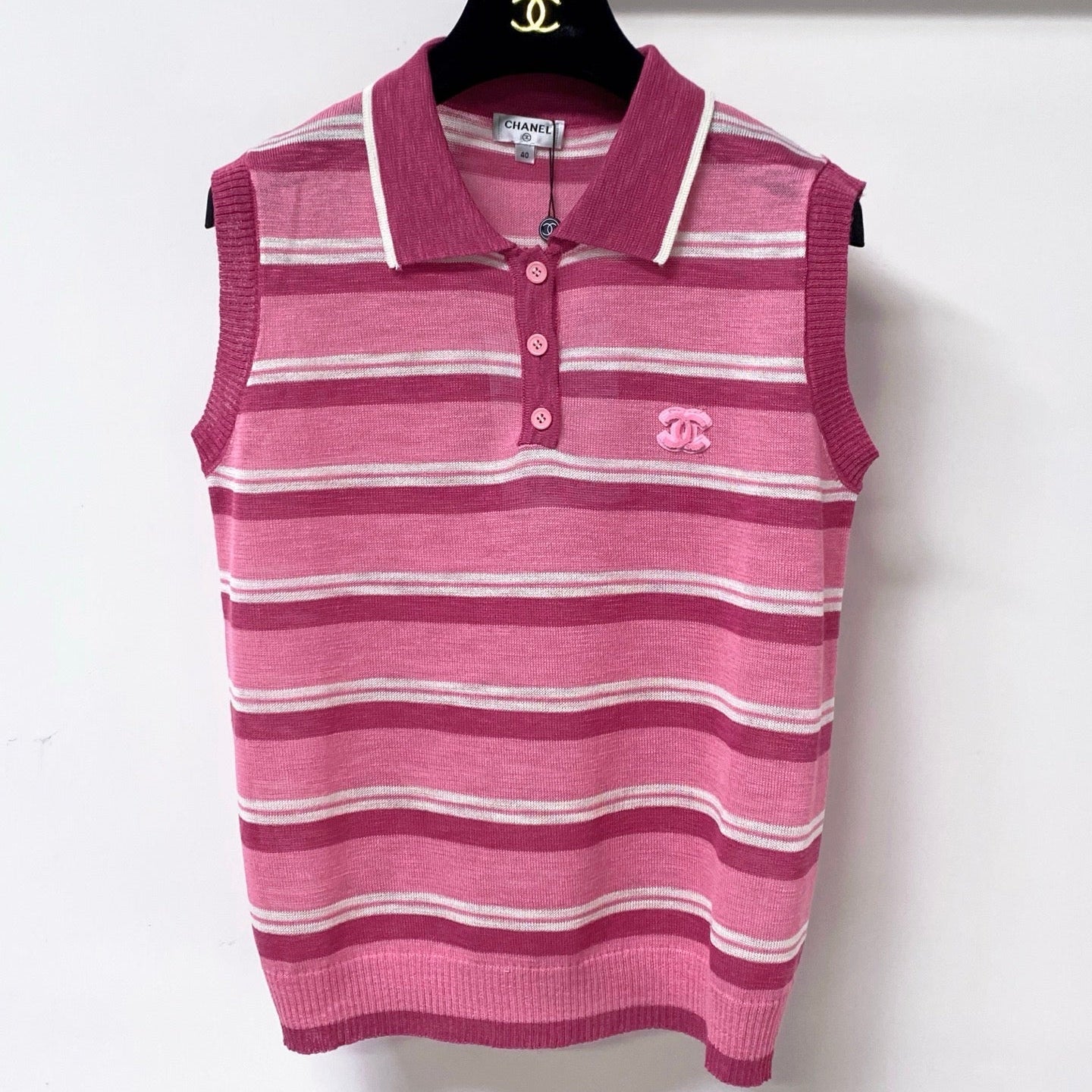 Chanel 2026 Knit Sleeveless Polo-Neck Top Pink Lelin 449878