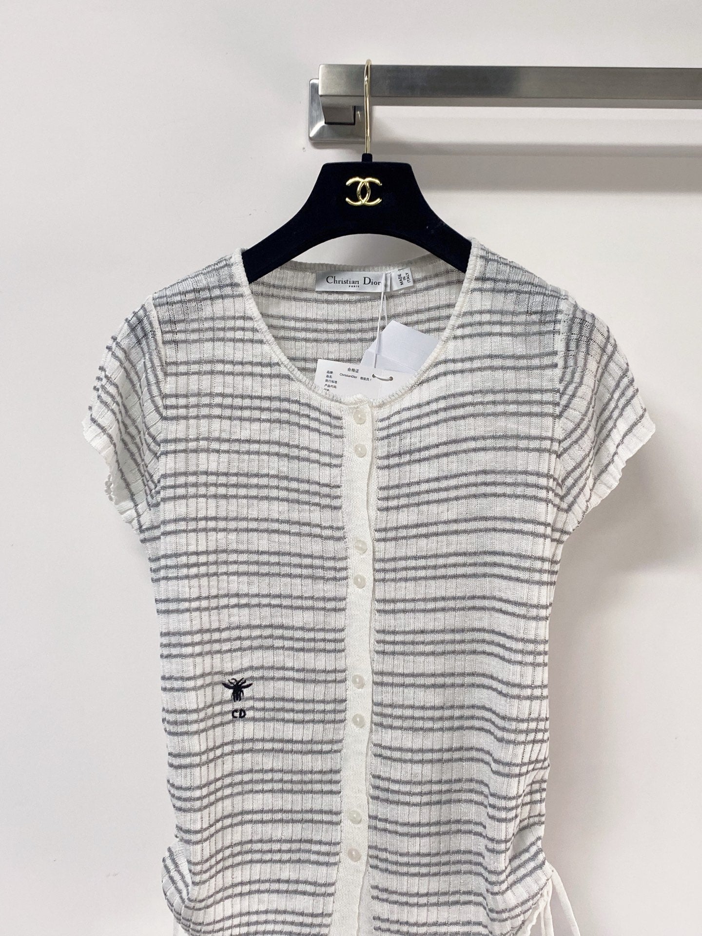Dior 2026 Striped Short-Sleeve Cardigan White Grey Acrylic 463518