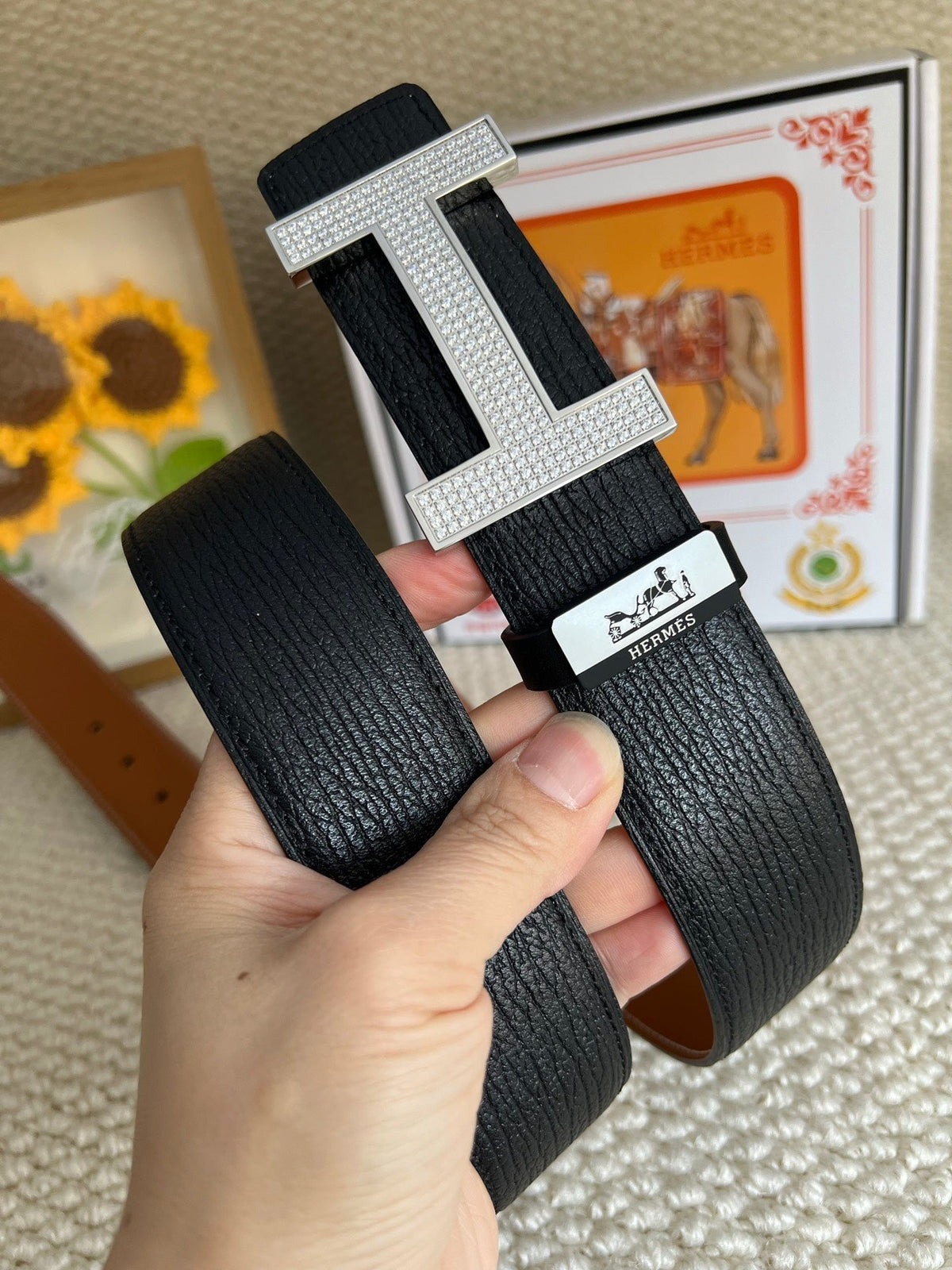 HM Belt 38mm Black Brown Cowhide Sliver Diamond Buckle 618967