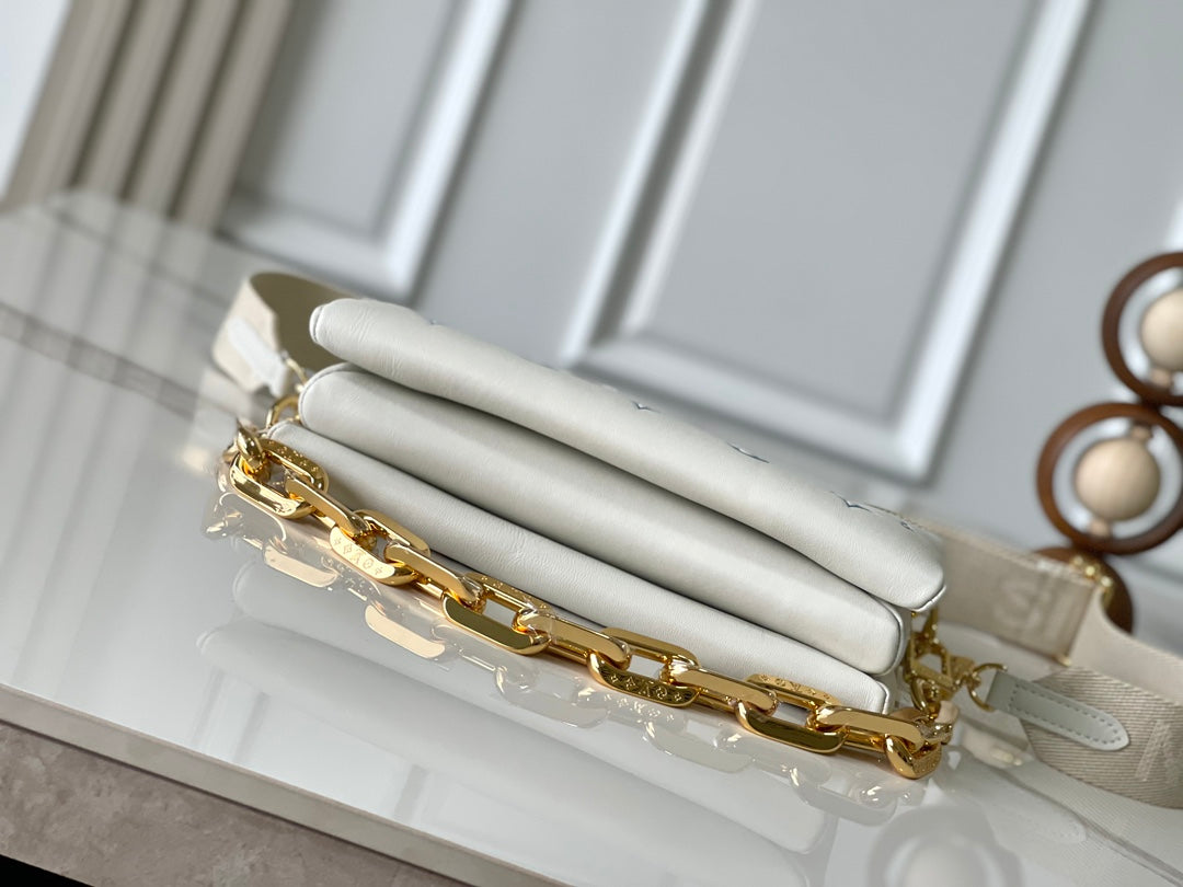 COUSSIN PM 26 IN WHITE BLUE MONOGRAM EMBOSSED LAMBSKIN GOLD HARDWARE