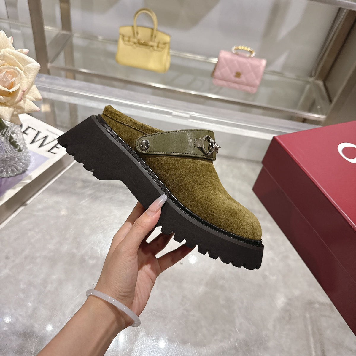 GG 2025 Horsebit Dark Green mix Black Suede Sheepskin 416544