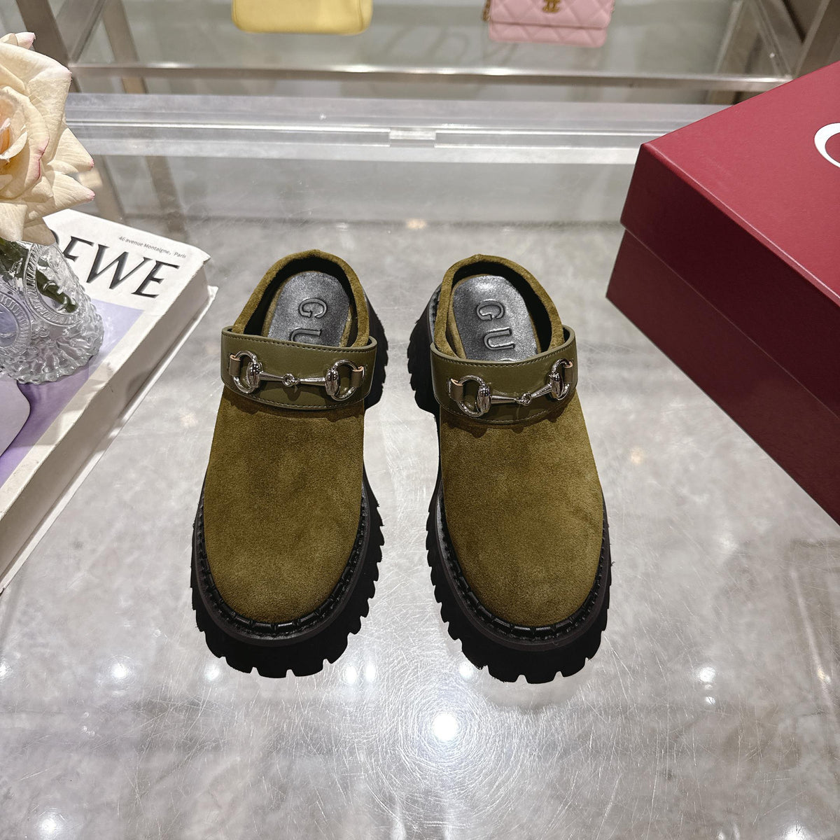 GG 2025 Horsebit Dark Green mix Black Suede Sheepskin 416544