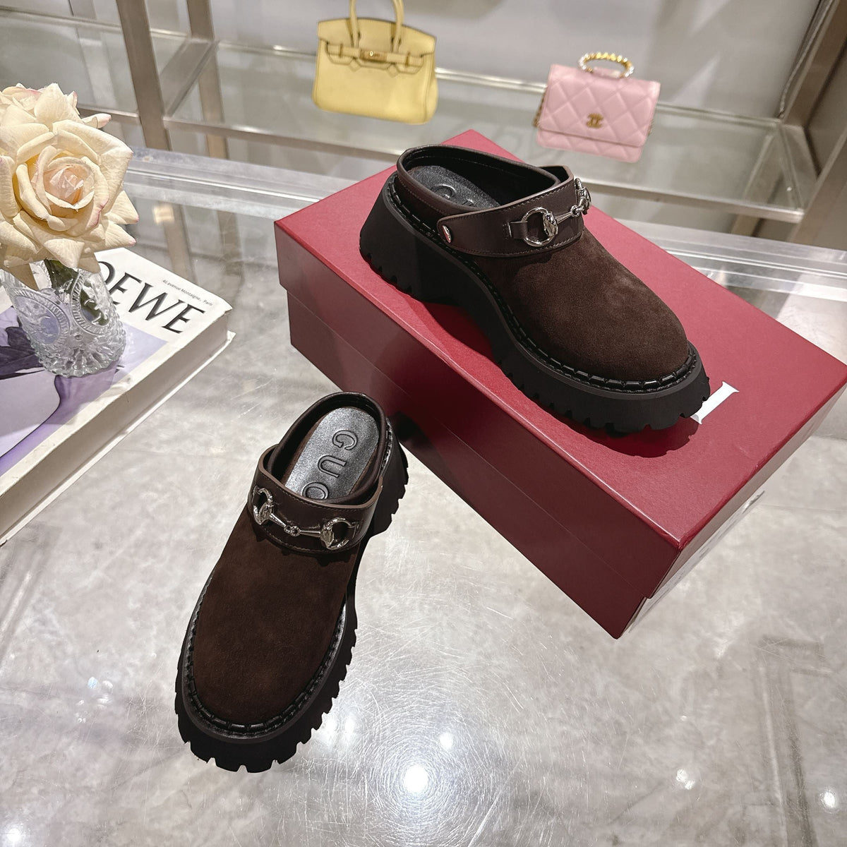 GG 2025 Horsebit Dark Brown mix Black Suede Sheepskin 416543