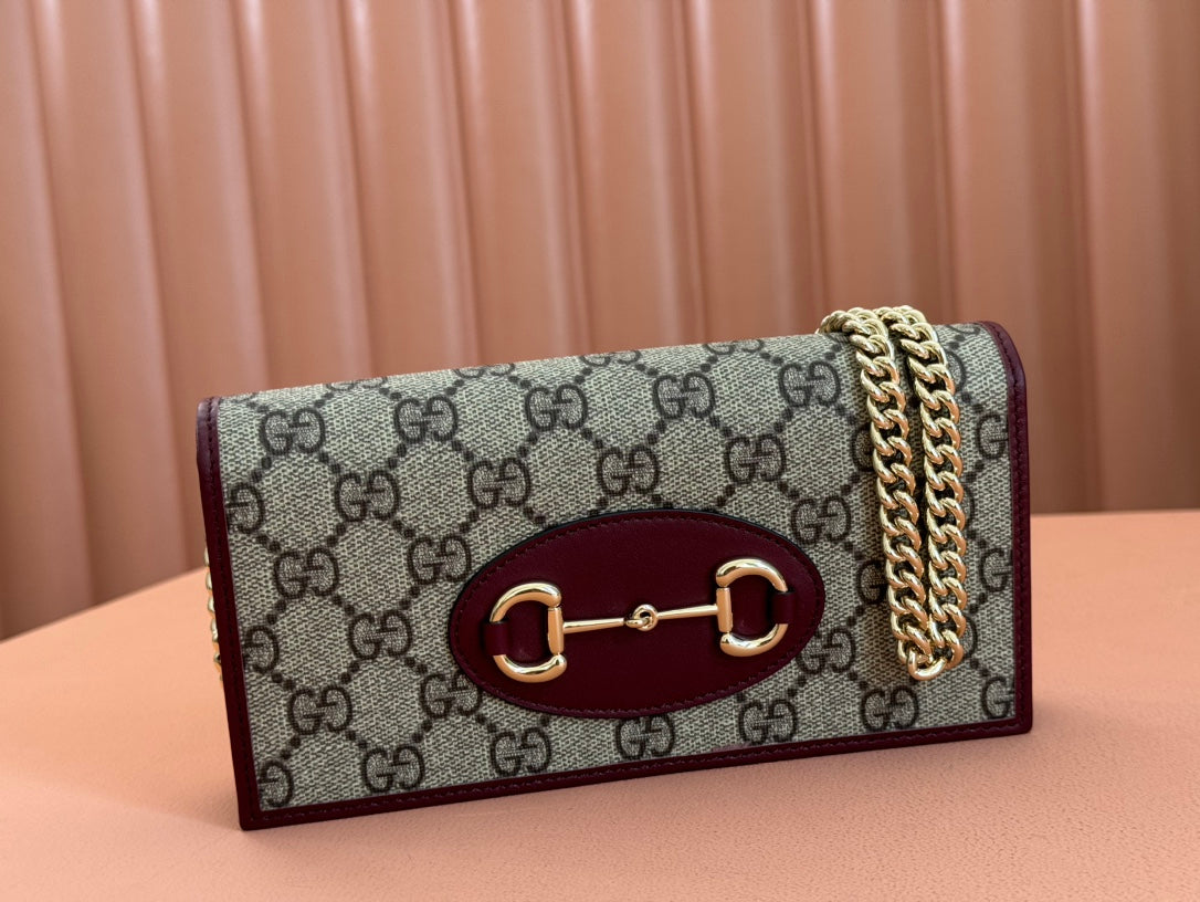 Gucci Horsebit 1995 Chain Wallet Beige mix Rosso Ancora red Canvas 244278