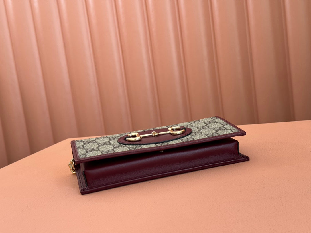 Gucci Horsebit 1995 Chain Wallet Beige mix Rosso Ancora red Canvas 244278