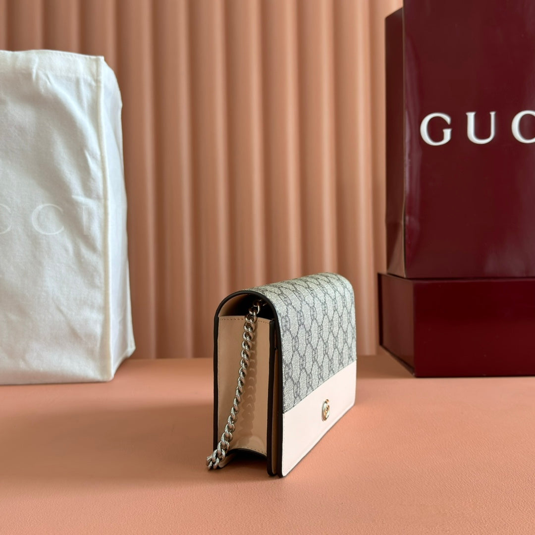 Gucci Marmont Chain Wallet Ebony mix Beige Leather Canvas 255315