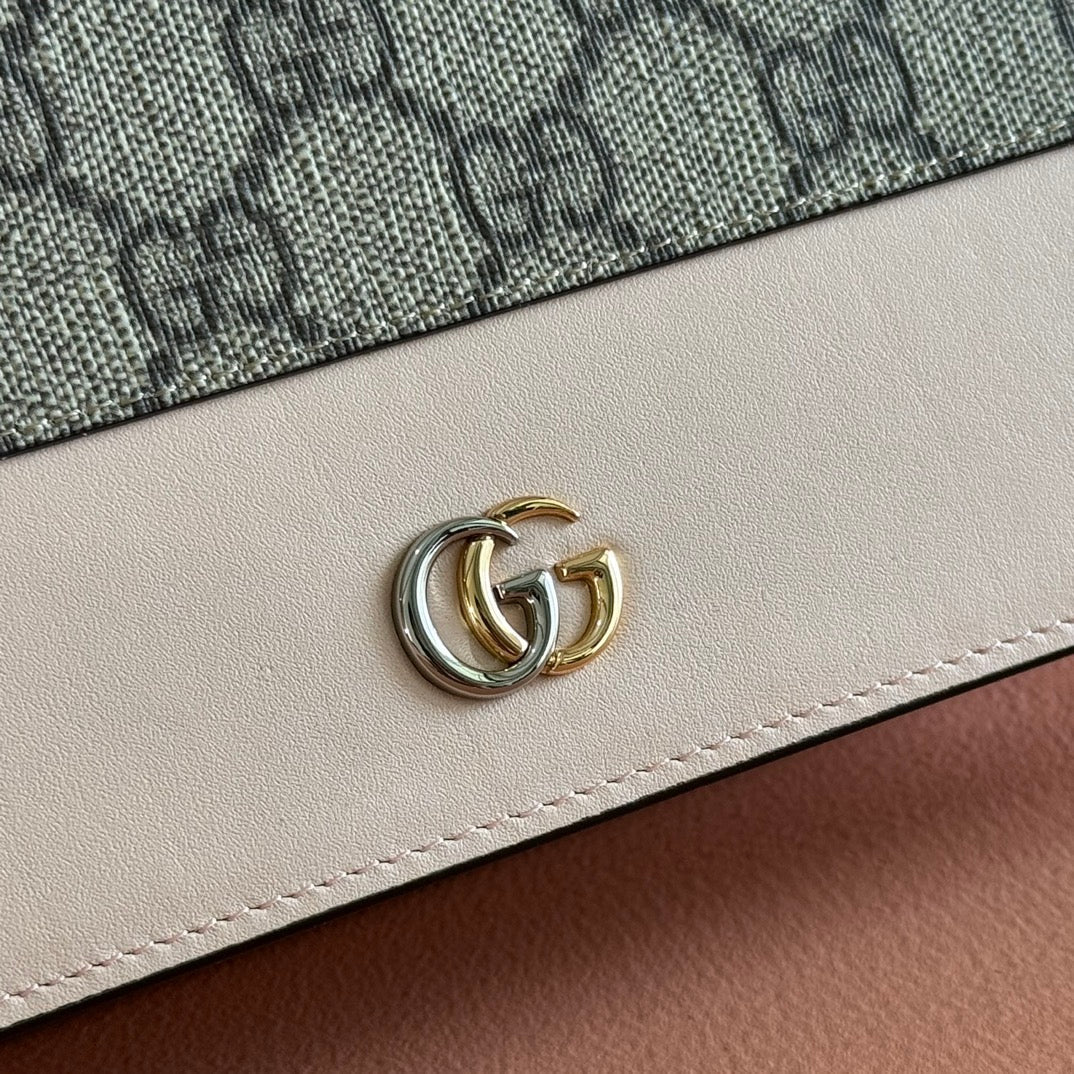 Gucci Marmont Chain Wallet Ebony mix Beige Leather Canvas 255315