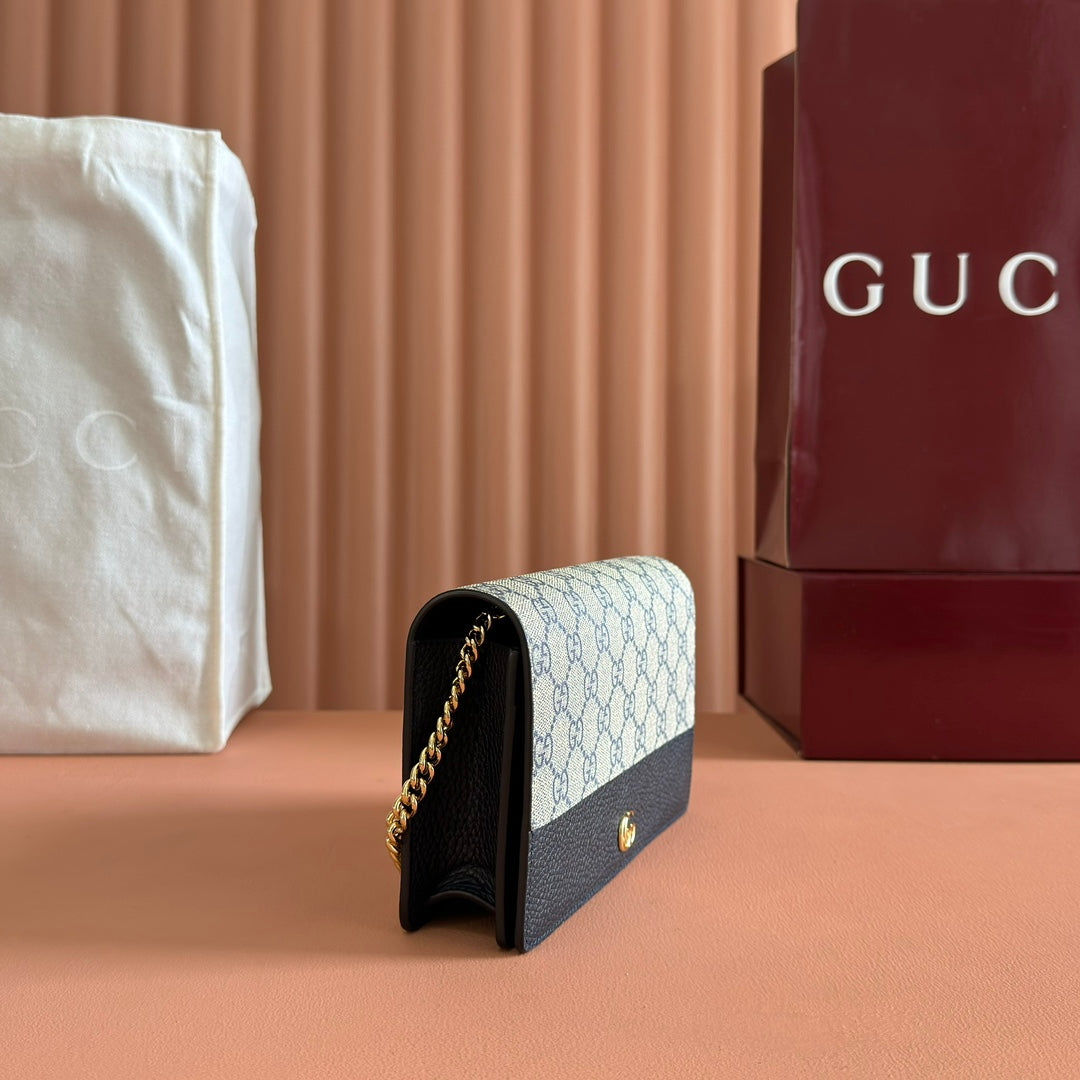 Gucci Marmont Chain Wallet Ebony Blue Black Leather Canvas 255317