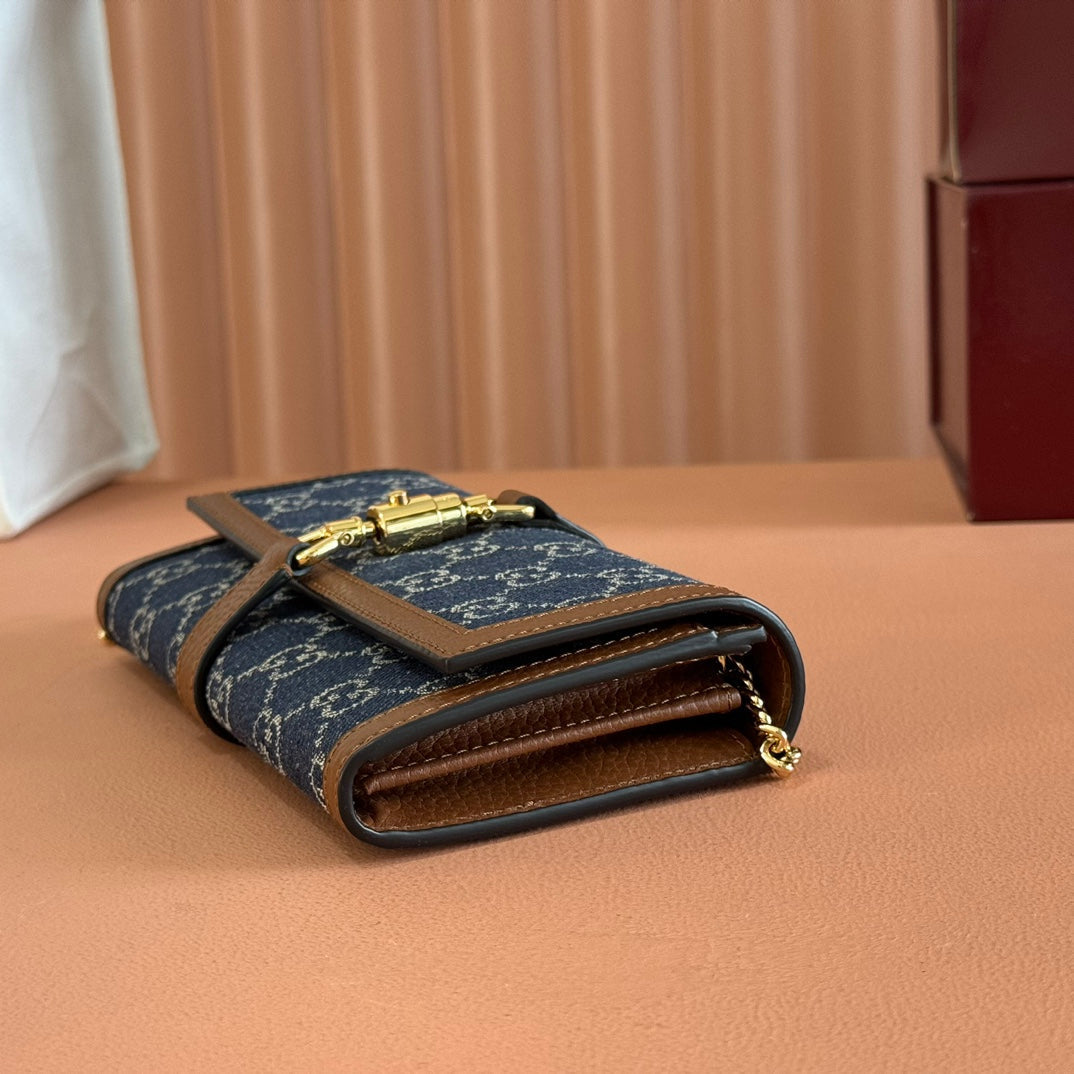 Gucci Jackie Chain Wallet Blue Brown Canvas Leather 255173