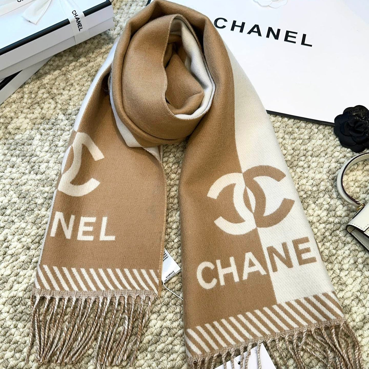 CC Scarf 184 CM In Light Brown Mix White Wool Jacquard 424861
