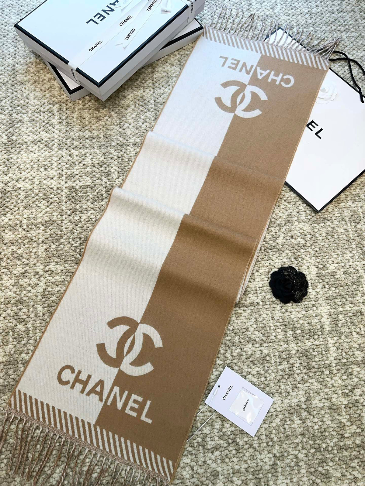 CC Scarf 184 CM In Light Brown Mix White Wool Jacquard 424861
