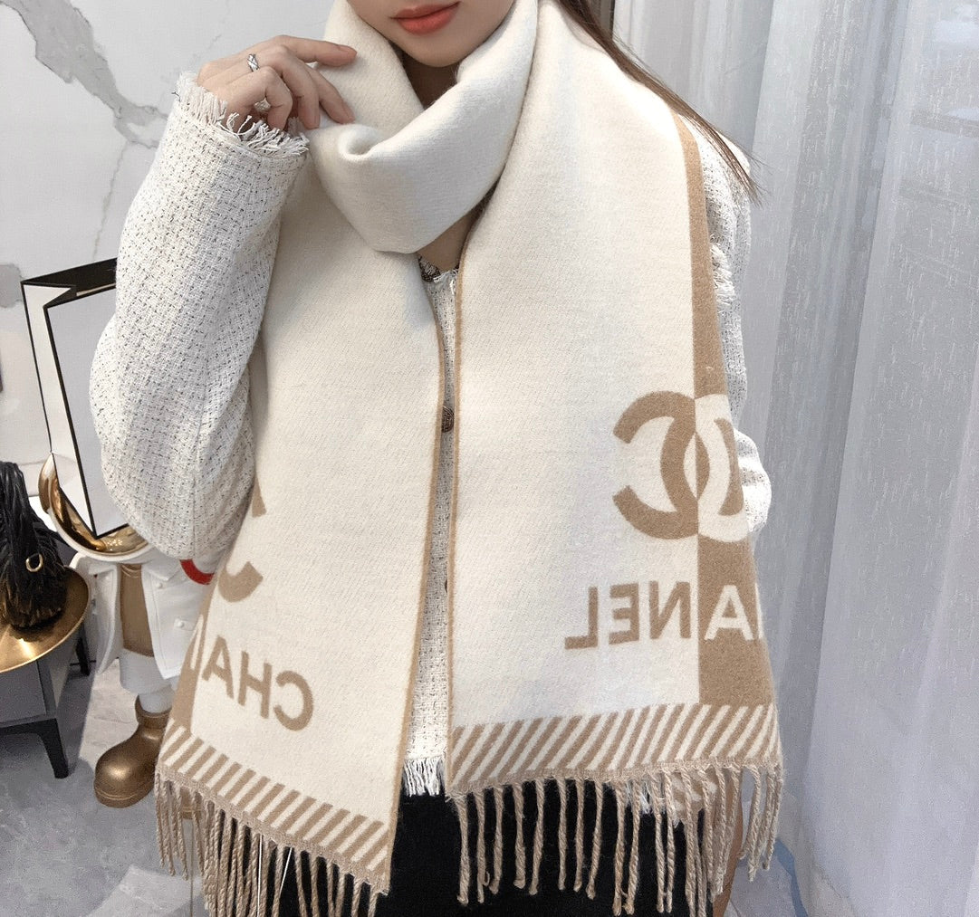 CC Scarf 184 CM In Light Brown Mix White Wool Jacquard 424861