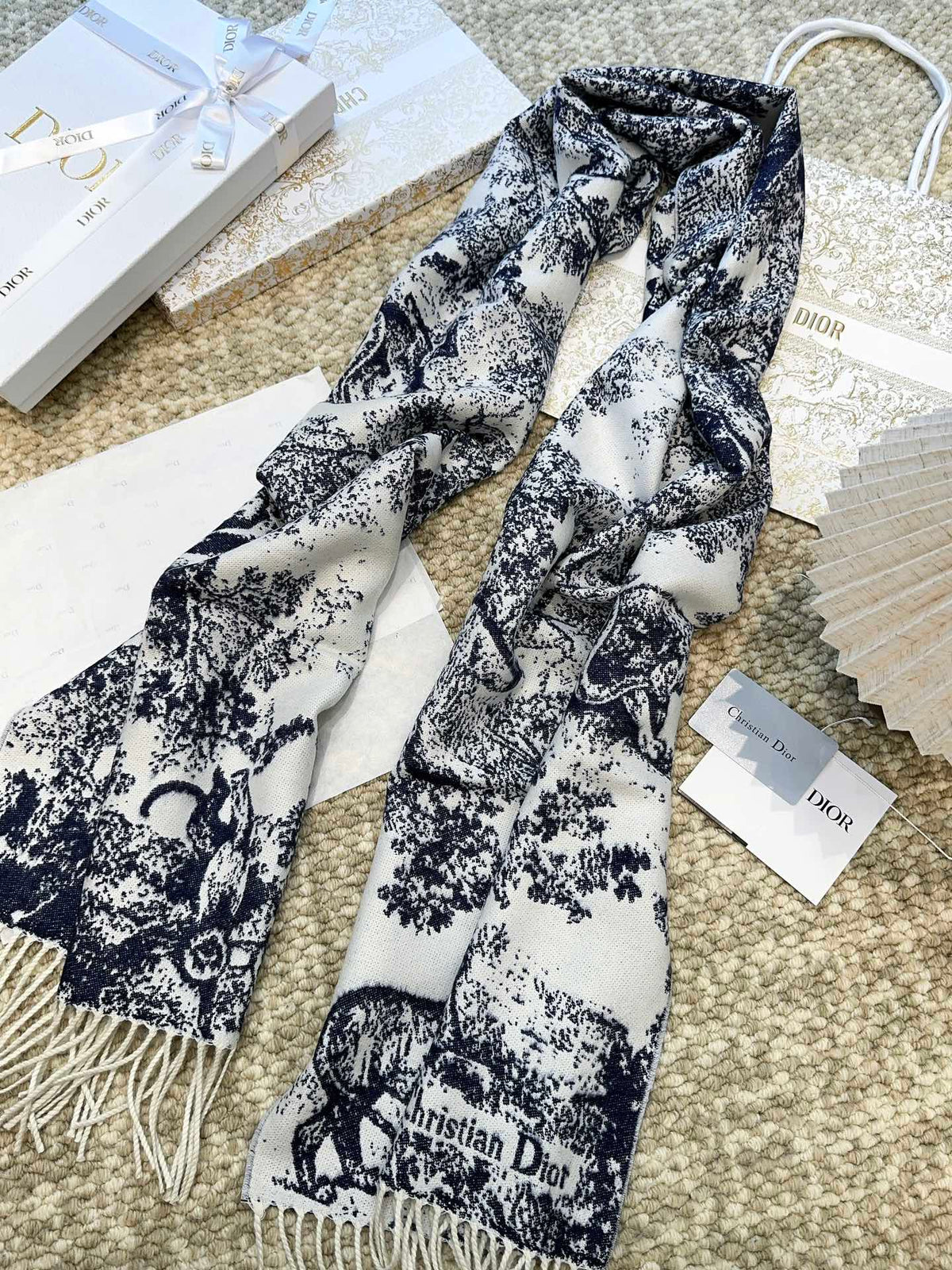 SCARF 220 CM IN NAVY BLUE MIX WHITE MONOGRAM CASHMERE AND WOOL 413656