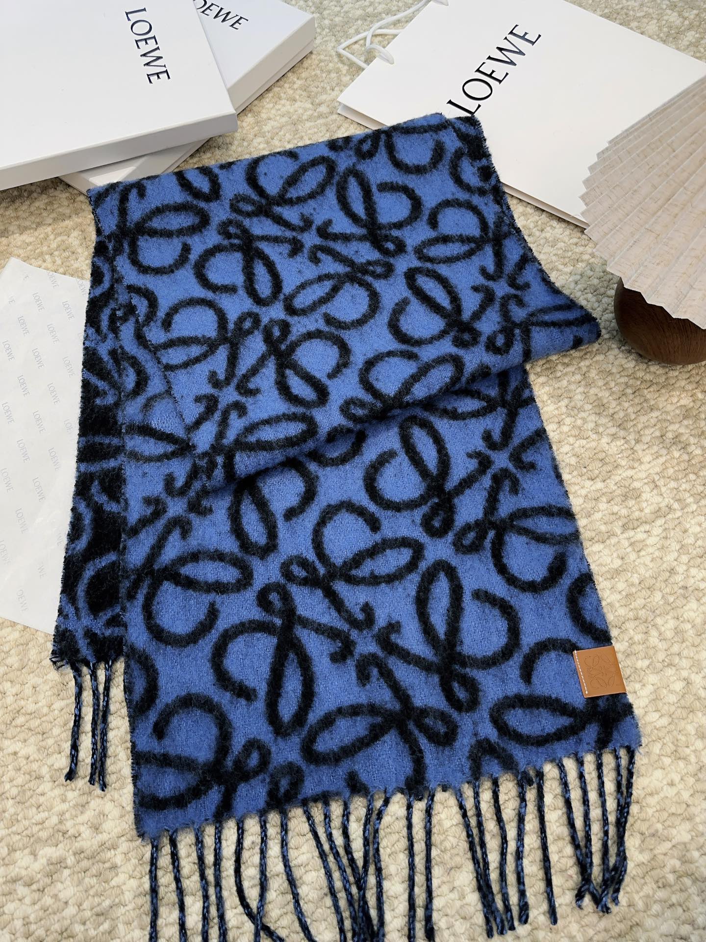 Loewe Scarf 180CM  Dark Blue Black Wool Cashmere 968583