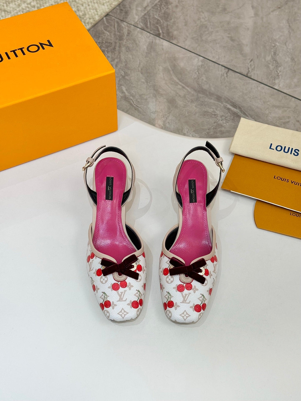 LV 26ss Slingback 60 White Pink Cherry Monogram Cowhide 664894