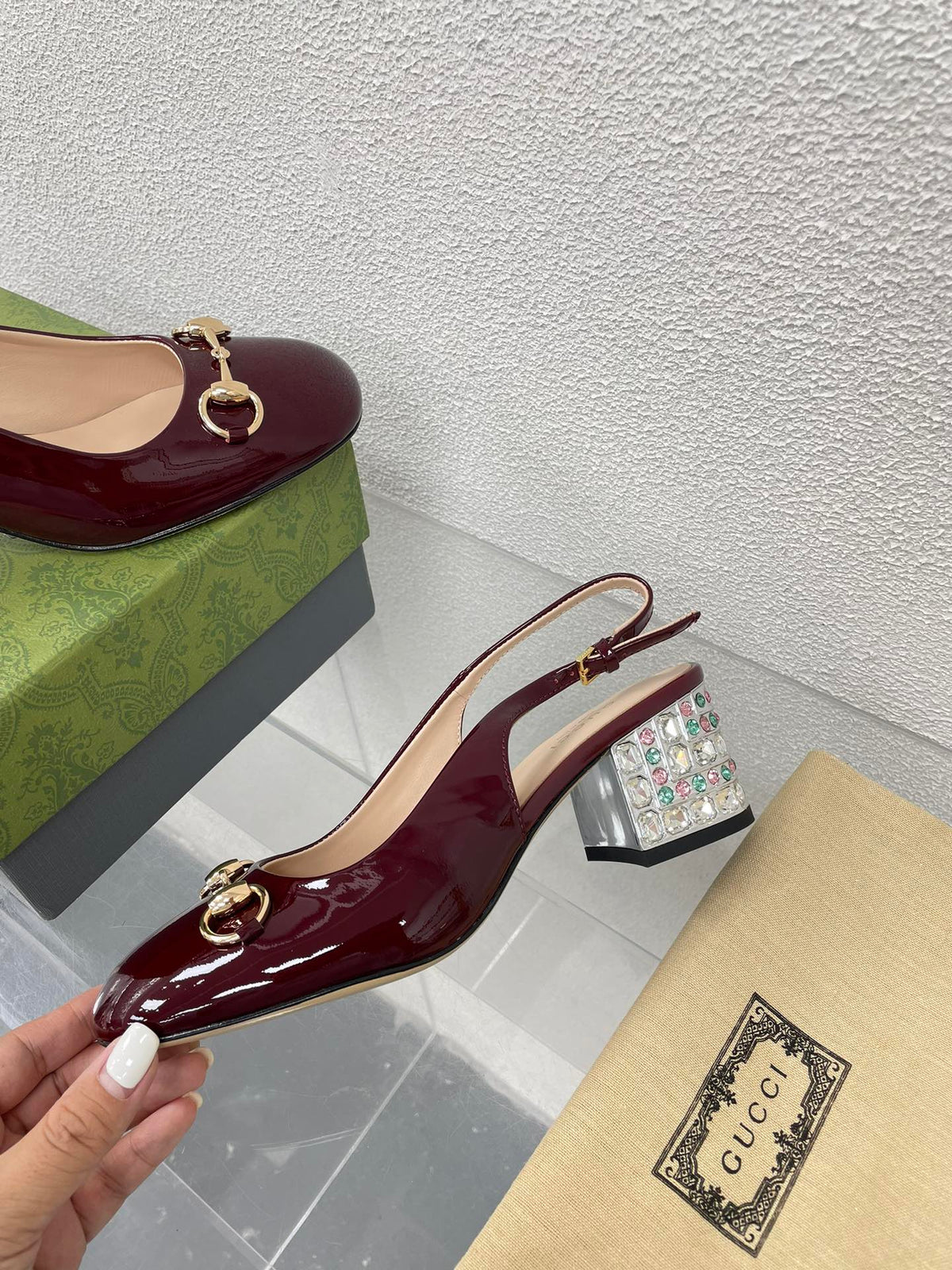 GG WOMEN'S HORSEBIT SLINGBACK IN WINE RED CALFSKIN WITH RHINSTONES