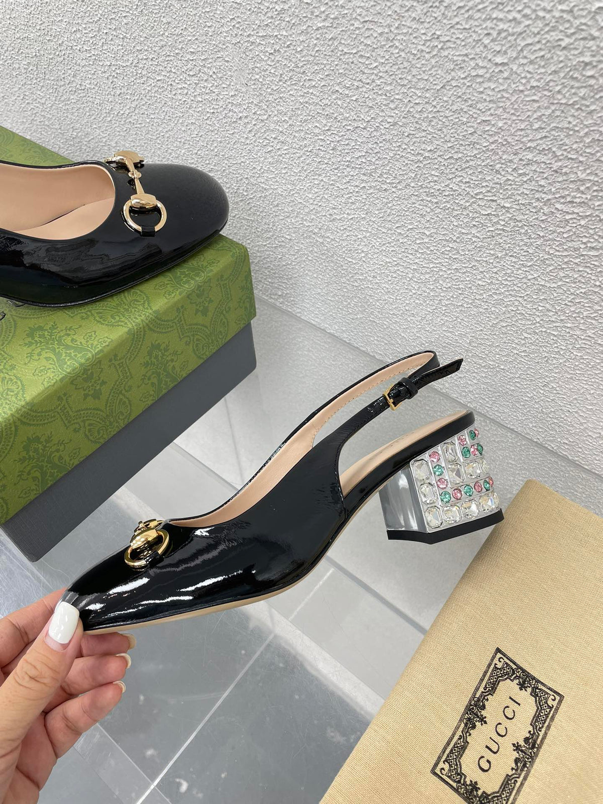 GG WOMEN'S HORSEBIT SLINGBACK IN BLACK CALFSKIN WITH RHINSTONES