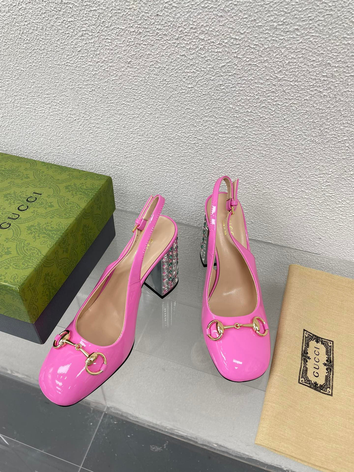 GG WOMEN'S HORSEBIT SLINGBACK 95MM IN FUSICA PINK CALFSKIN WITH RHINSTONES