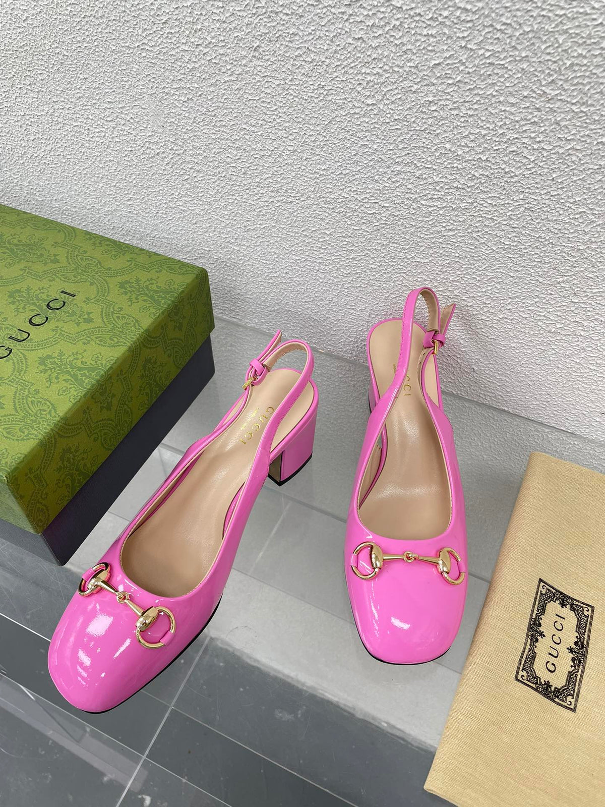 GG WOMEN'S HORSEBIT SLINGBACK 75MM IN FUSICA PINK CALFSKIN