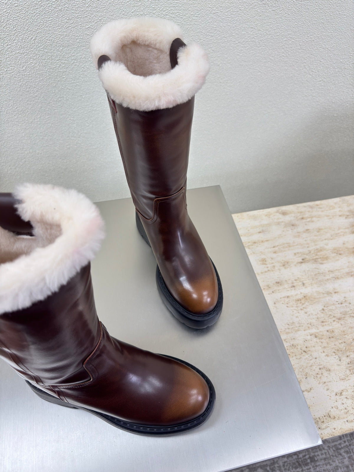 MiuMiu 25 platform boots brown calfskin wool 522430