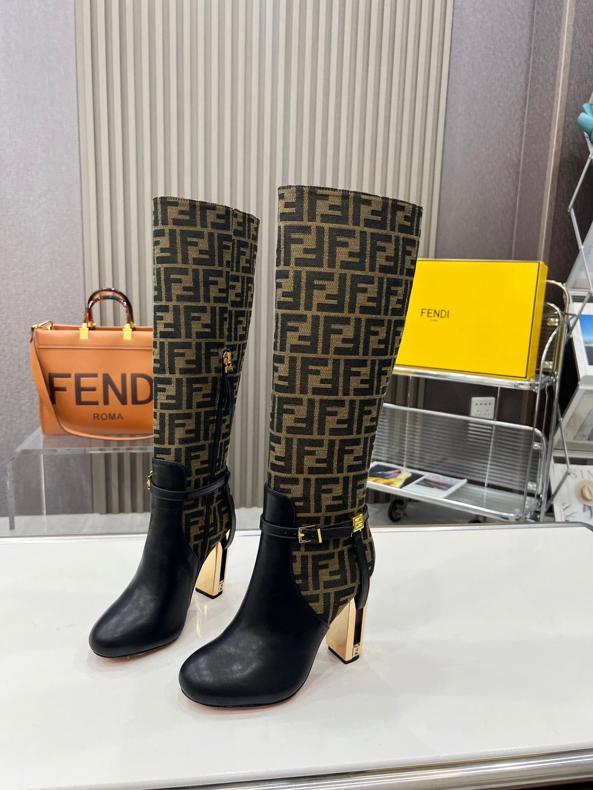 FENDI knee boots high heel monogram black cowhide 521216