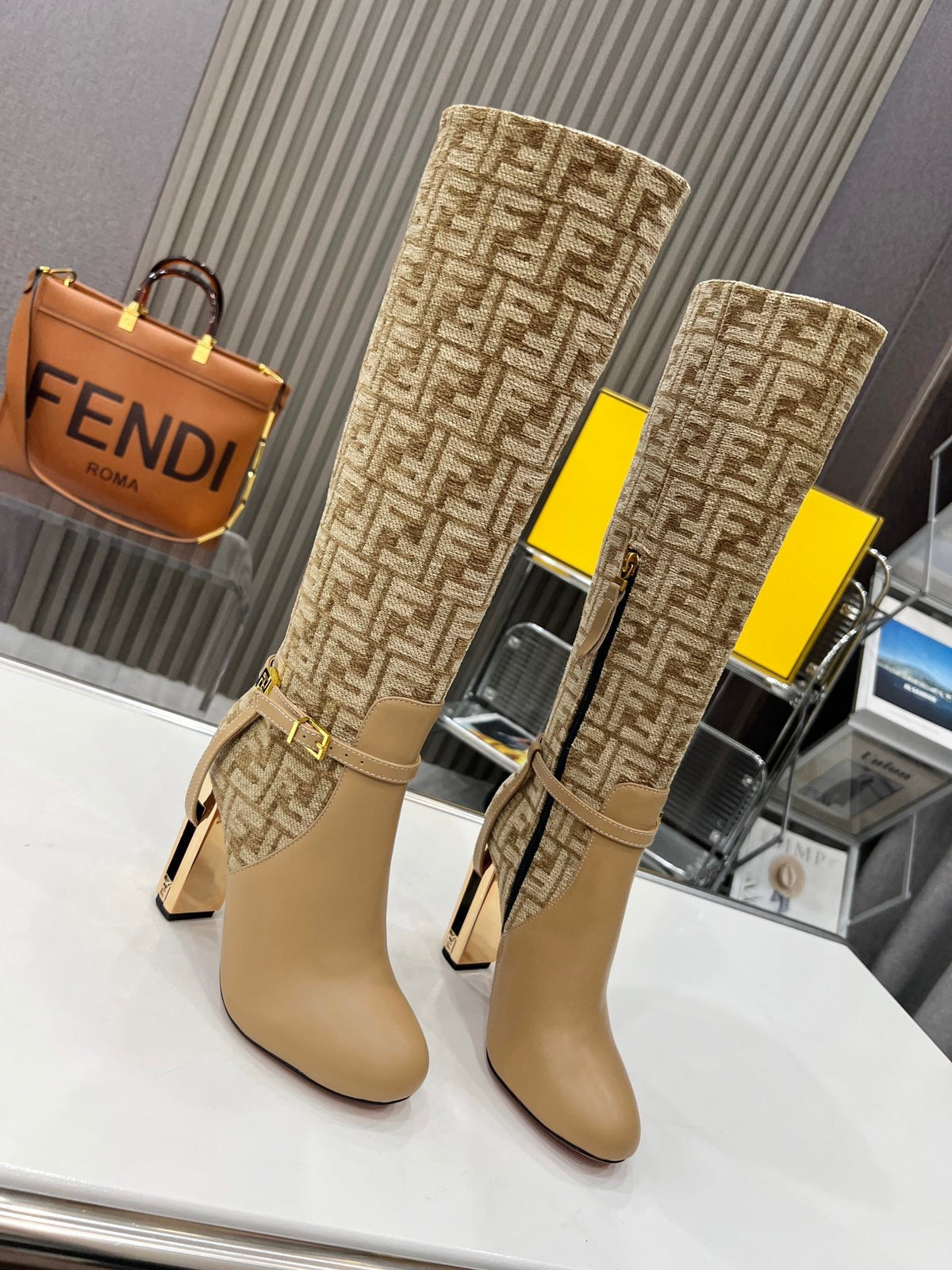 FENDI knee boots high heel monogram beige cowhide 521220