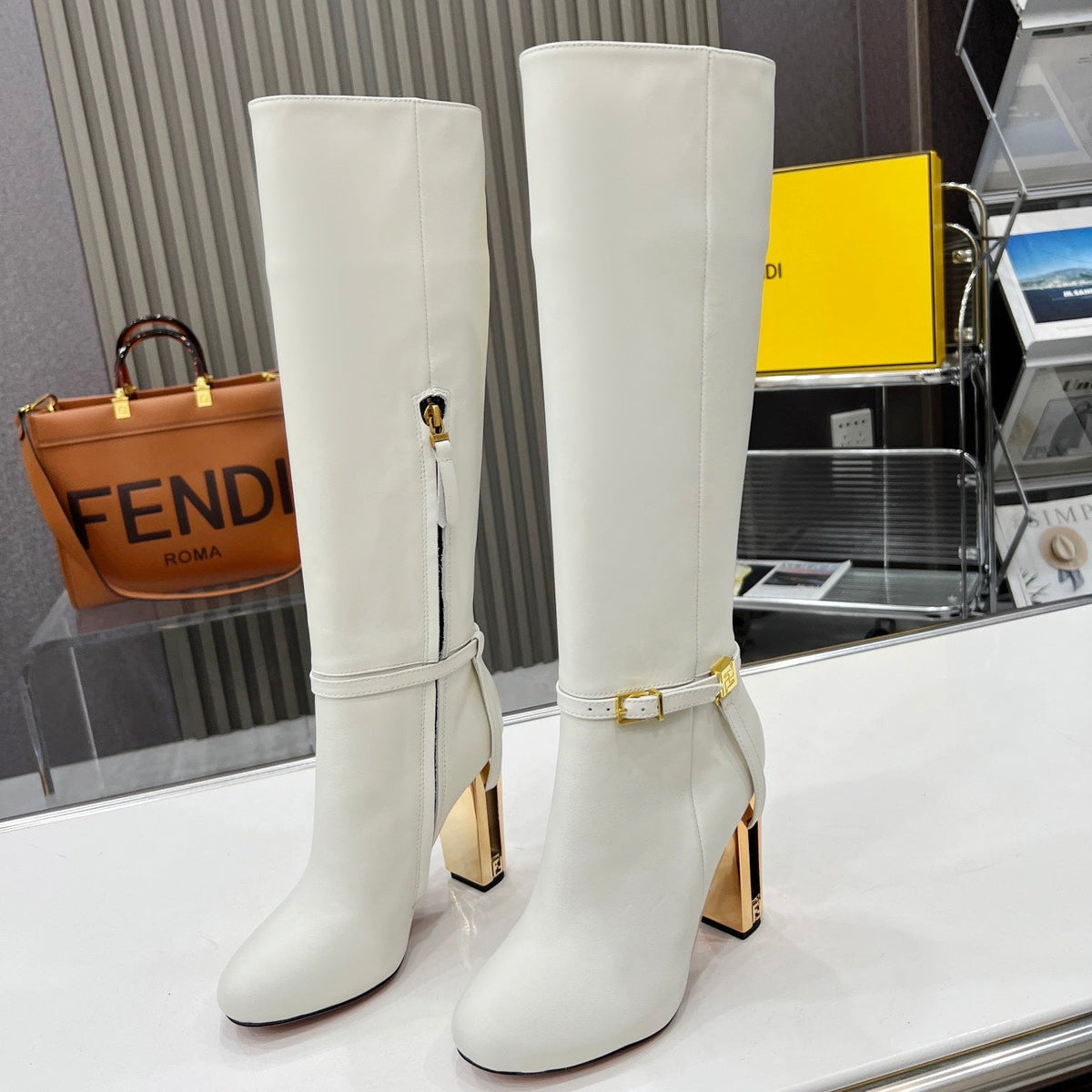 FENDI knee boots high heel white cowhide 521210