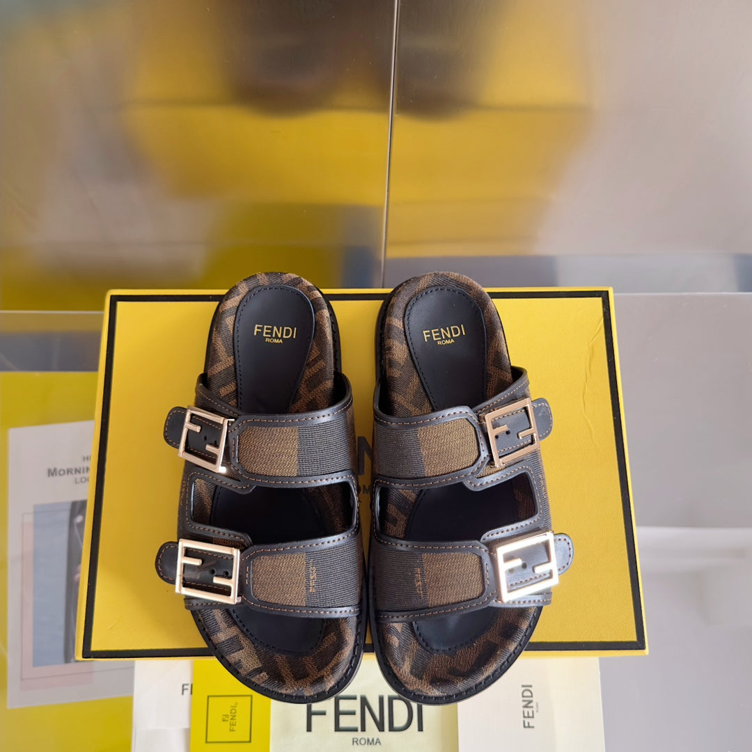 FENDI DAD SANDAL IN MOCHA BROWN MIX BLACK MONOGRAM JACQUARD FABRIC