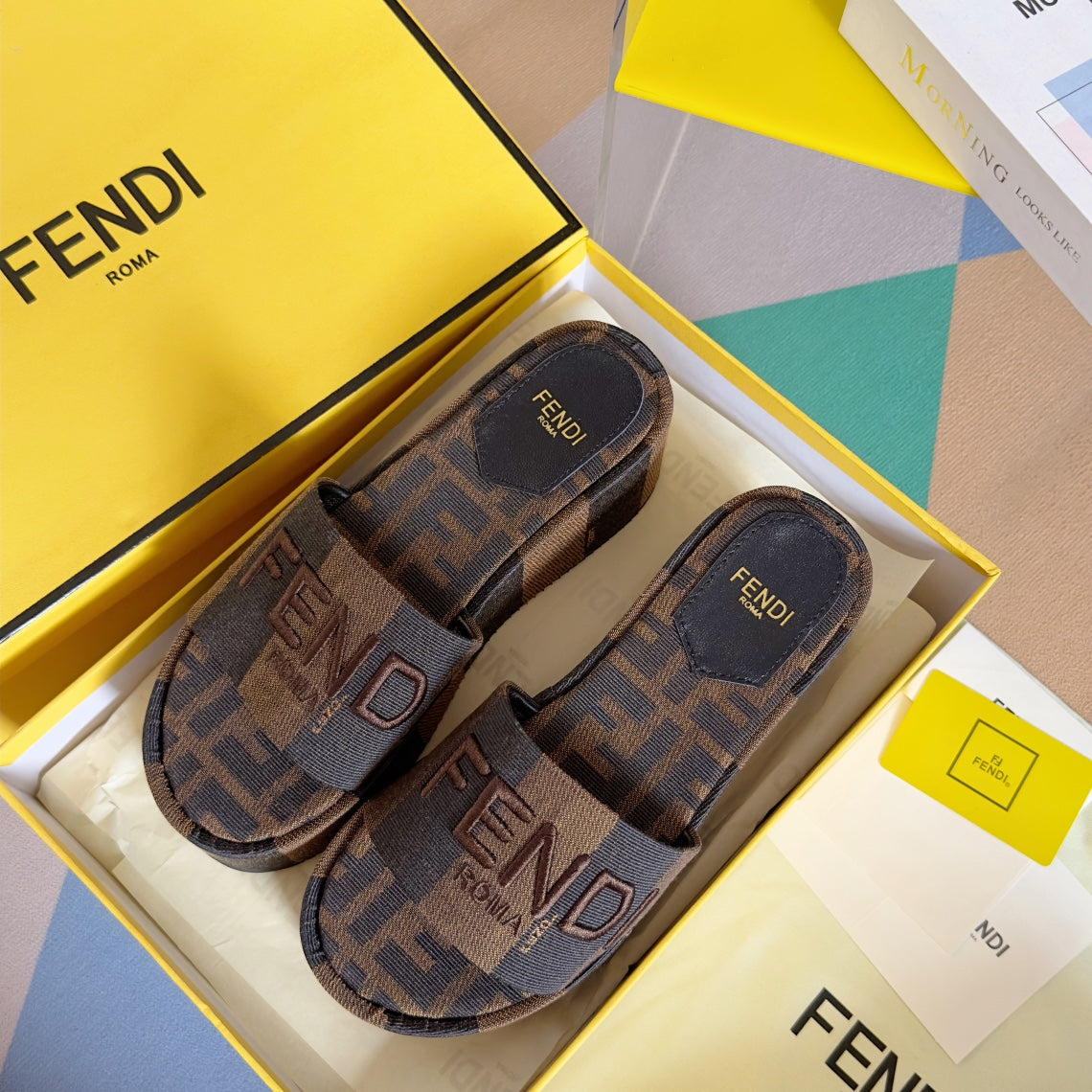 FF Sunshine 65 Black Brown Canvas Flatform Slide
