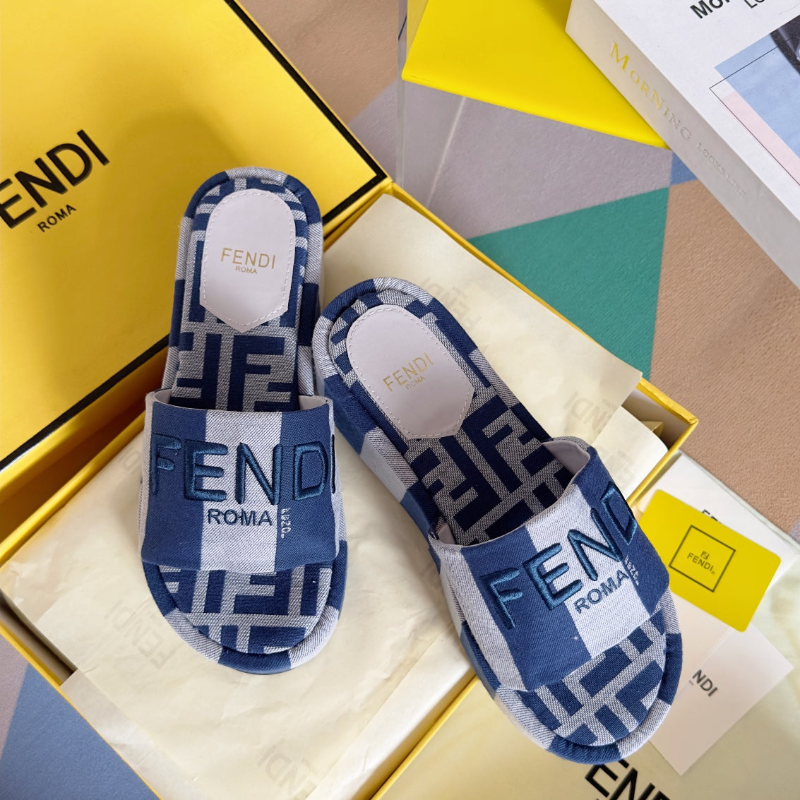 FENDI PLATFORM WEDGES IN NAVY BLUE MIX BEIGE FF MONOGRAM FABRIC
