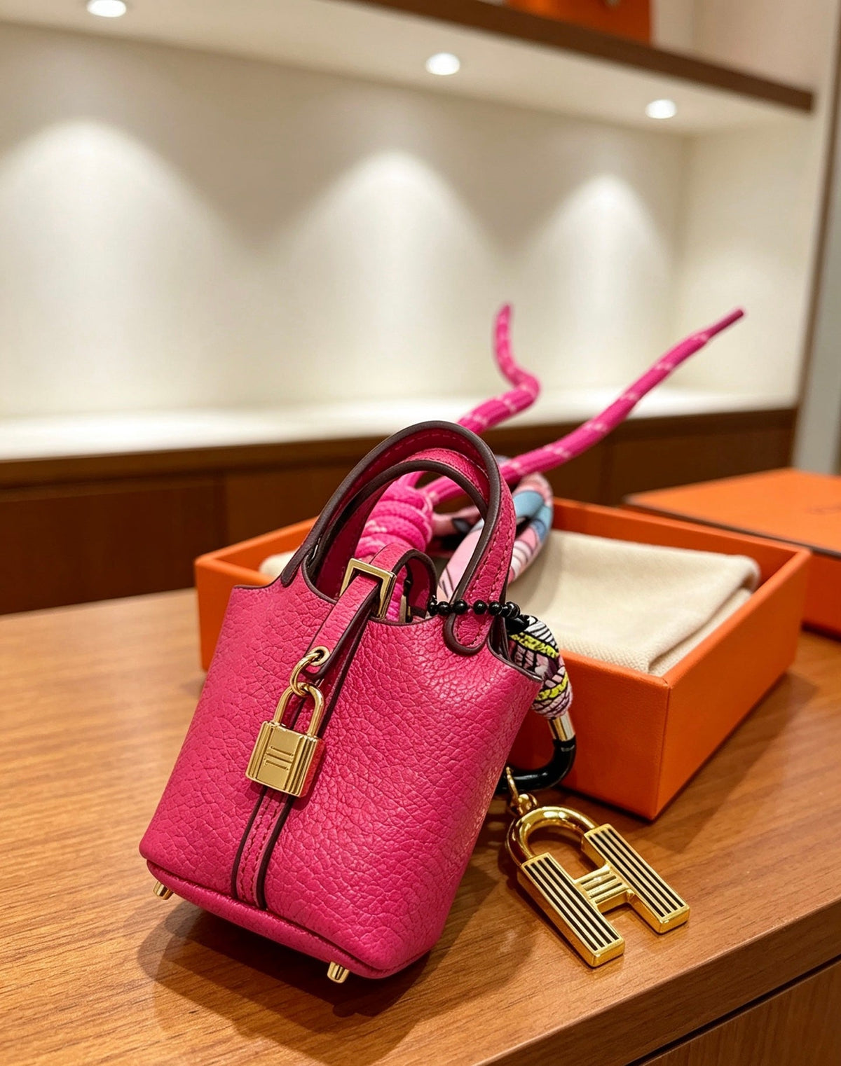 Hermes Pink Gold Bucket Bag Charm